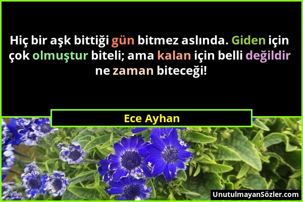 Ece Ayhan - Hiç bir aşk bittiği gün bitmez aslında. Giden için çok olmuştur biteli; ama kalan için belli değildir ne zaman biteceği!...