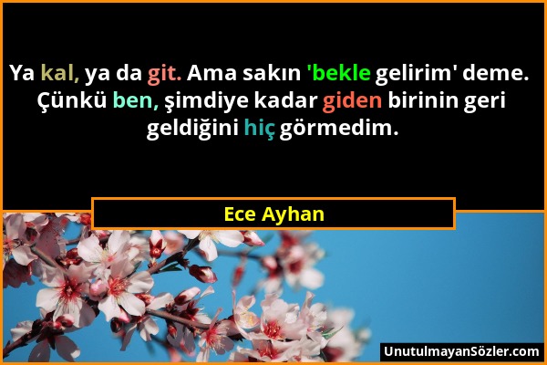 Ece Ayhan - Ya kal, ya da git. Ama sakın 'bekle gelirim' deme. Çünkü ben, şimdiye kadar giden birinin geri geldiğini hiç görmedim....