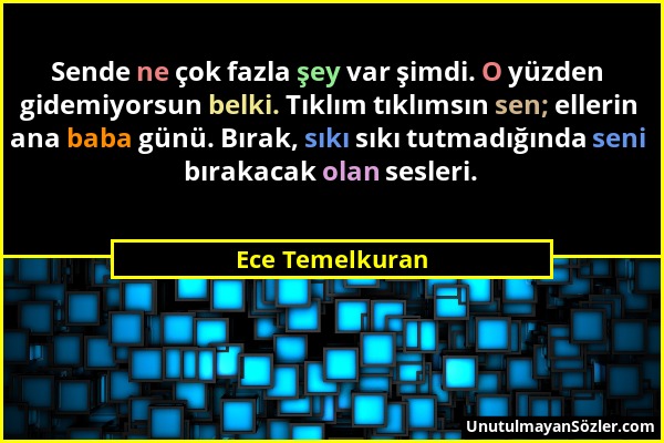 Ece Temelkuran - Sende ne çok fazla şey var şimdi. O yüzden gidemiyorsun belki. Tıklım tıklımsın sen; ellerin ana baba günü. Bırak, sıkı sıkı tutmadığ...