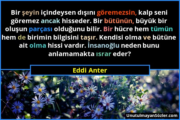 Eddi Anter - Bir şeyin içindeysen dışını göremezsin, kalp seni göremez ancak hisseder. Bir bütünün, büyük bir oluşun parçası olduğunu bilir. Bir hücre...