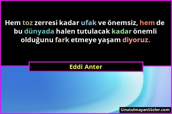 Eddi Anter - Hem toz zerresi kadar ufak ve önemsiz, hem de bu dünyada halen tutulacak kadar önemli olduğunu fark etmeye yaşam diyoruz....