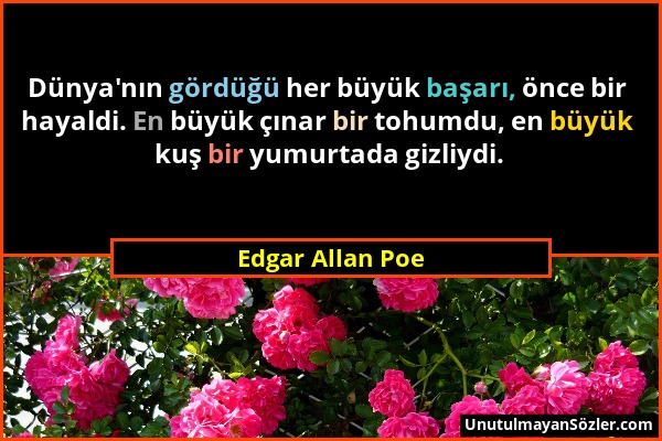 Edgar Allan Poe - Dünya'nın gördüğü her büyük başarı, önce bir hayaldi. En büyük çınar bir tohumdu, en büyük kuş bir yumurtada gizliydi....