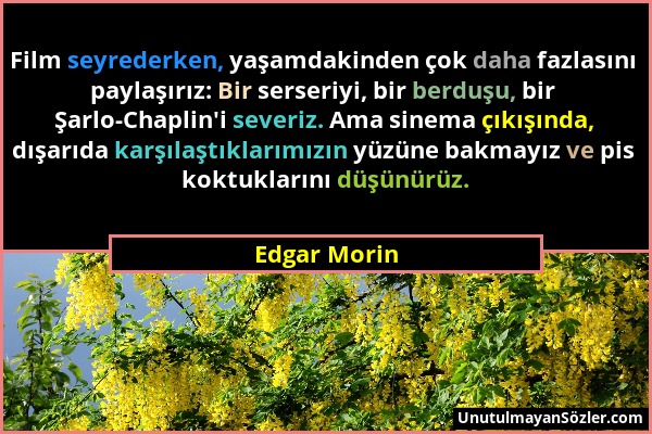 Edgar Morin - Film seyrederken, yaşamdakinden çok daha fazlasını paylaşırız: Bir serseriyi, bir berduşu, bir Şarlo-Chaplin'i severiz. Ama sinema çıkış...