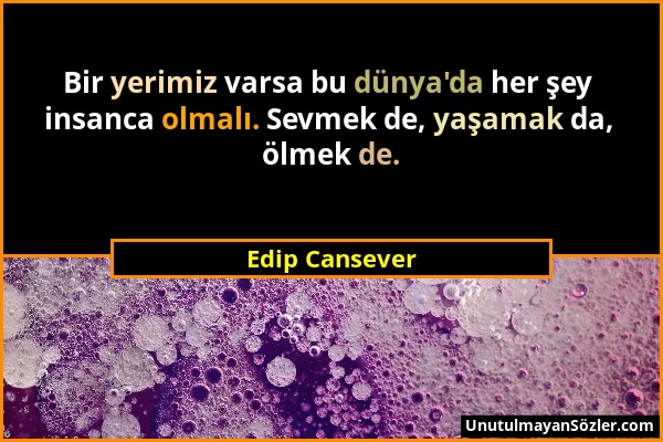 Edip Cansever - Bir yerimiz varsa bu dünya'da her şey insanca olmalı. Sevmek de, yaşamak da, ölmek de....