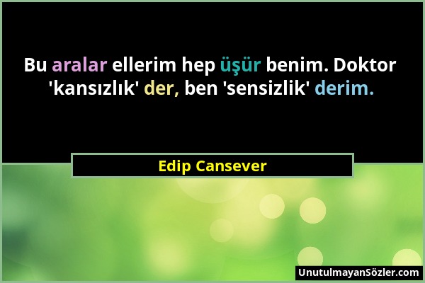 Edip Cansever - Bu aralar ellerim hep üşür benim. Doktor 'kansızlık' der, ben 'sensizlik' derim....