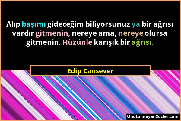 Edip Cansever - Alıp başımı gideceğim biliyorsunuz ya bir ağrısı vardır gitmenin, nereye ama, nereye olursa gitmenin. Hüzünle karışık bir ağrısı....