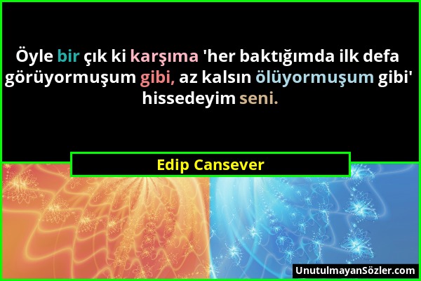 Edip Cansever - Öyle bir çık ki karşıma 'her baktığımda ilk defa görüyormuşum gibi, az kalsın ölüyormuşum gibi' hissedeyim seni....