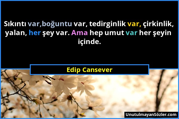 Edip Cansever - Sıkıntı var,boğuntu var, tedirginlik var, çirkinlik, yalan, her şey var. Ama hep umut var her şeyin içinde....