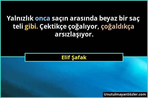 Elif Şafak - Yalnızlık onca saçın arasında beyaz bir saç teli gibi. Çektikçe çoğalıyor, çoğaldıkça arsızlaşıyor....