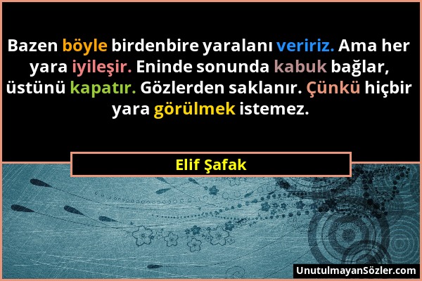 Elif Şafak - Bazen böyle birdenbire yaralanı veririz. Ama her yara iyileşir. Eninde sonunda kabuk bağlar, üstünü kapatır. Gözlerden saklanır. Çünkü hi...