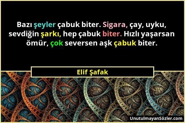 Elif Şafak - Bazı şeyler çabuk biter. Sigara, çay, uyku, sevdiğin şarkı, hep çabuk biter. Hızlı yaşarsan ömür, çok seversen aşk çabuk biter....