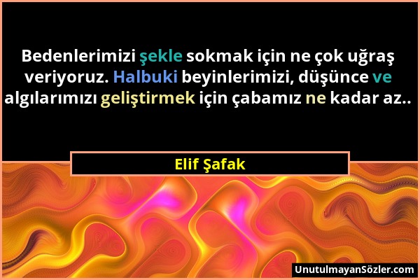 Elif Şafak - Bedenlerimizi şekle sokmak için ne çok uğraş veriyoruz. Halbuki beyinlerimizi, düşünce ve algılarımızı geliştirmek için çabamız ne kadar...