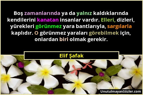 Elif Şafak - Boş zamanlarında ya da yalnız kaldıklarında kendilerini kanatan insanlar vardır. Elleri, dizleri, yürekleri görünmez yara bantlarıyla, sa...