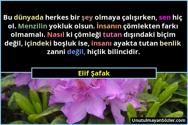 Elif Şafak - Bu dünyada herkes bir şey olmaya çalışırken, sen hiç ol. Menzilin yokluk olsun. İnsanın çömlekten farkı olmamalı. Nasıl ki çömleği tutan...