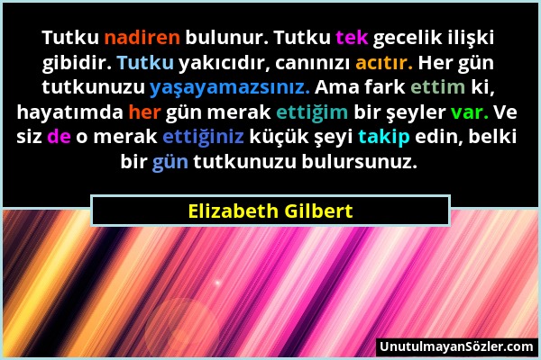 Elizabeth Gilbert - Tutku nadiren bulunur. Tutku tek gecelik ilişki gibidir. Tutku yakıcıdır, canınızı acıtır. Her gün tutkunuzu yaşayamazsınız. Ama f...