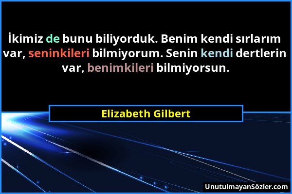 Elizabeth Gilbert - İkimiz de bunu biliyorduk. Benim kendi sırlarım var, seninkileri bilmiyorum. Senin kendi dertlerin var, benimkileri bilmiyorsun....