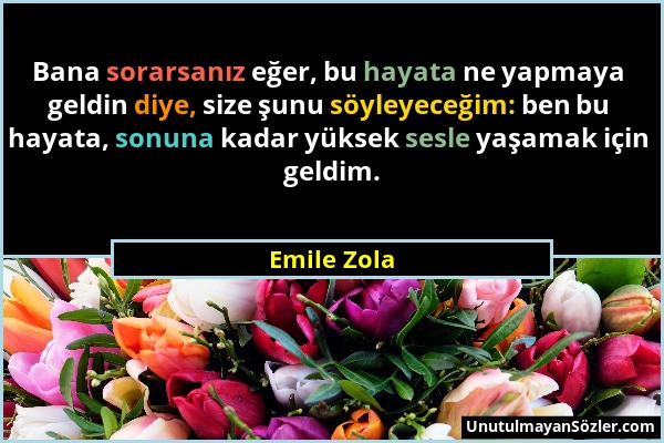 Emile Zola - Bana sorarsanız eğer, bu hayata ne yapmaya geldin diye, size şunu söyleyeceğim: ben bu hayata, sonuna kadar yüksek sesle yaşamak için gel...