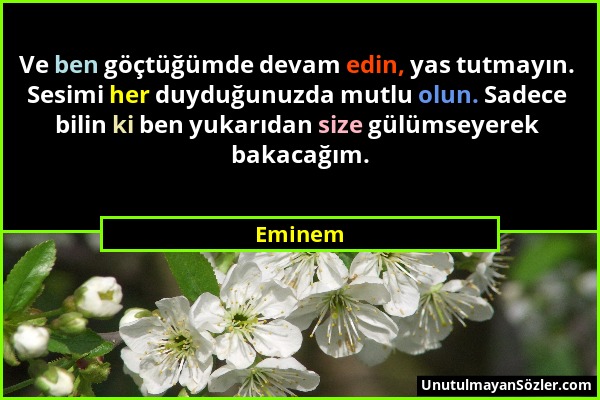 Eminem - Ve ben göçtüğümde devam edin, yas tutmayın. Sesimi her duyduğunuzda mutlu olun. Sadece bilin ki ben yukarıdan size gülümseyerek bakacağım....