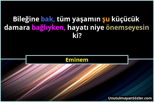Eminem - Bileğine bak, tüm yaşamın şu küçücük damara bağlıyken, hayatı niye önemseyesin ki?...
