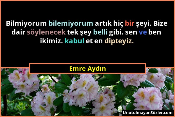 Emre Aydın - Bilmiyorum bilemiyorum artık hiç bir şeyi. Bize dair söylenecek tek şey belli gibi. sen ve ben ikimiz. kabul et en dipteyiz....