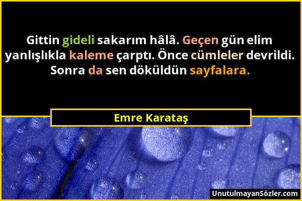 Emre Karataş - Gittin gideli sakarım hâlâ. Geçen gün elim yanlışlıkla kaleme çarptı. Önce cümleler devrildi. Sonra da sen döküldün sayfalara....