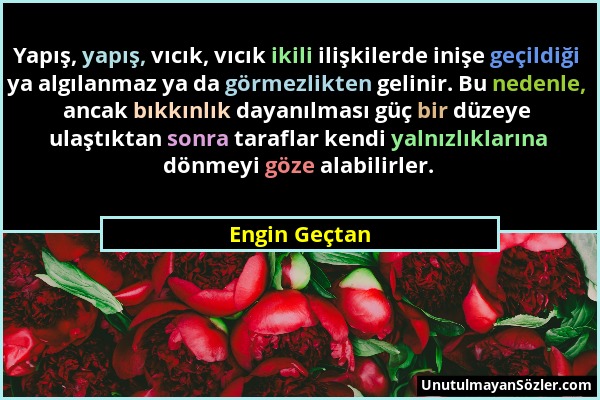 Engin Geçtan - Yapış, yapış, vıcık, vıcık ikili ilişkilerde inişe geçildiği ya algılanmaz ya da görmezlikten gelinir. Bu nedenle, ancak bıkkınlık daya...