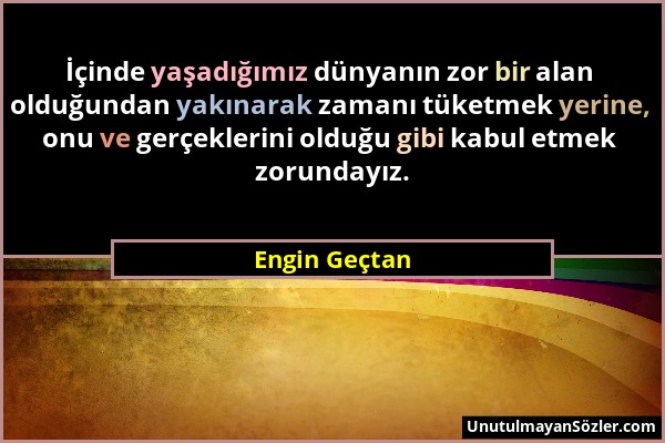 Engin Geçtan - İçinde yaşadığımız dünyanın zor bir alan olduğundan yakınarak zamanı tüketmek yerine, onu ve gerçeklerini olduğu gibi kabul etmek zorun...