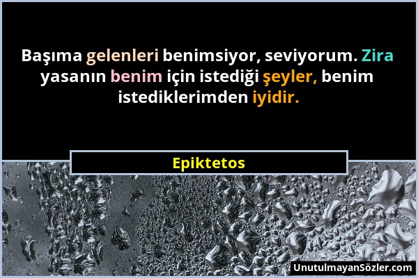 Epiktetos - Başıma gelenleri benimsiyor, seviyorum. Zira yasanın benim için istediği şeyler, benim istediklerimden iyidir....