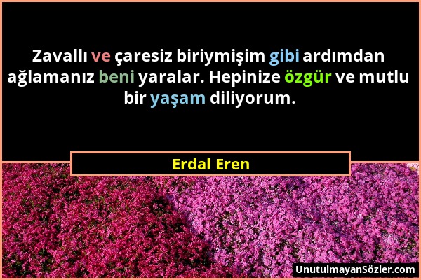 Erdal Eren - Zavallı ve çaresiz biriymişim gibi ardımdan ağlamanız beni yaralar. Hepinize özgür ve mutlu bir yaşam diliyorum....