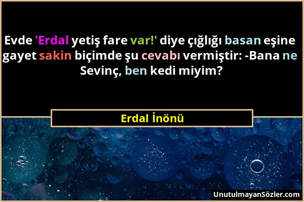 Erdal İnönü - Evde 'Erdal yetiş fare var!' diye çığlığı basan eşine gayet sakin biçimde şu cevabı vermiştir: -Bana ne Sevinç, ben kedi miyim?...