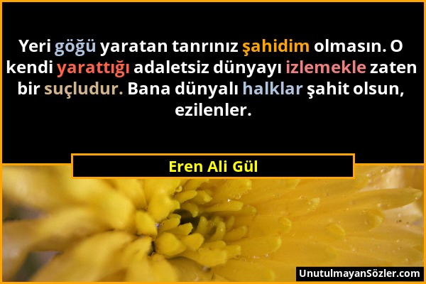 Eren Ali Gül - Yeri göğü yaratan tanrınız şahidim olmasın. O kendi yarattığı adaletsiz dünyayı izlemekle zaten bir suçludur. Bana dünyalı halklar şahi...