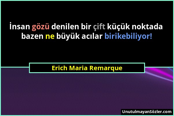 Erich Maria Remarque - İnsan gözü denilen bir çift küçük noktada bazen ne büyük acılar birikebiliyor!...
