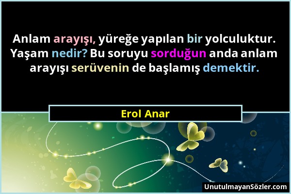 Erol Anar - Anlam arayışı, yüreğe yapılan bir yolculuktur. Yaşam nedir? Bu soruyu sorduğun anda anlam arayışı serüvenin de başlamış demektir....