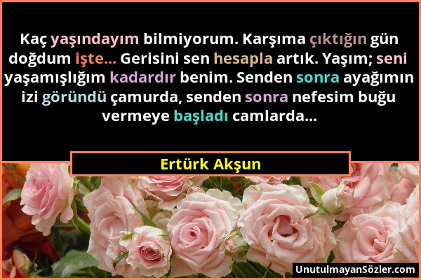 Ertürk Akşun - Kaç yaşındayım bilmiyorum. Karşıma çıktığın gün doğdum işte... Gerisini sen hesapla artık. Yaşım; seni yaşamışlığım kadardır benim. Sen...