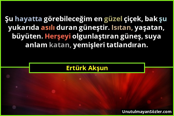 Ertürk Akşun - Şu hayatta görebileceğim en güzel çiçek, bak şu yukarıda asılı duran güneştir. Isıtan, yaşatan, büyüten. Herşeyi olgunlaştıran güneş, s...