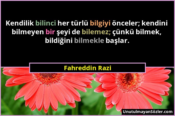 Fahreddin Razi - Kendilik bilinci her türlü bilgiyi önceler; kendini bilmeyen bir şeyi de bilemez; çünkü bilmek, bildiğini bilmekle başlar....