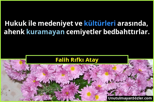 Falih Rıfkı Atay - Hukuk ile medeniyet ve kültürleri arasında, ahenk kuramayan cemiyetler bedbahttırlar....