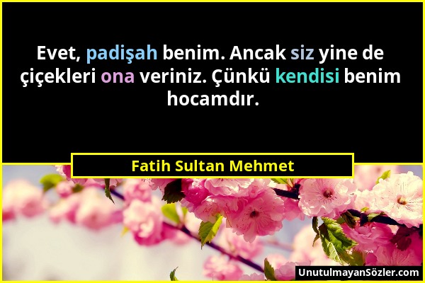 Fatih Sultan Mehmet - Evet, padişah benim. Ancak siz yine de çiçekleri ona veriniz. Çünkü kendisi benim hocamdır....