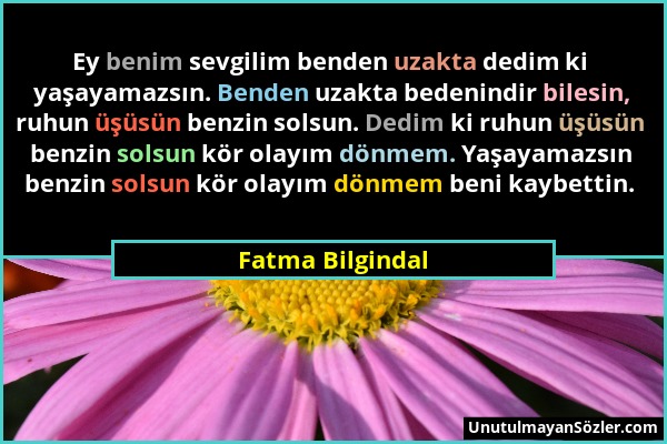 Fatma Bilgindal - Ey benim sevgilim benden uzakta dedim ki yaşayamazsın. Benden uzakta bedenindir bilesin, ruhun üşüsün benzin solsun. Dedim ki ruhun...