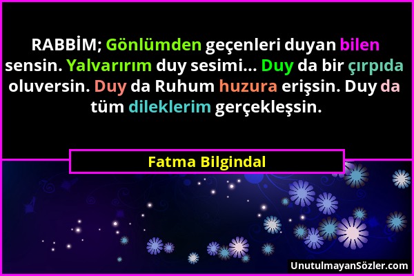 Fatma Bilgindal - RABBİM; Gönlümden geçenleri duyan bilen sensin. Yalvarırım duy sesimi... Duy da bir çırpıda oluversin. Duy da Ruhum huzura erişsin....