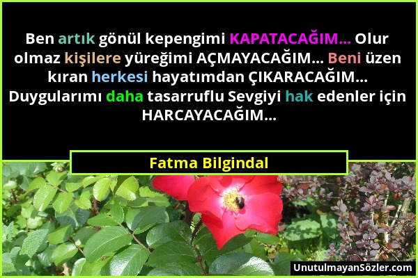 Fatma Bilgindal - Ben artık gönül kepengimi KAPATACAĞIM... Olur olmaz kişilere yüreğimi AÇMAYACAĞIM... Beni üzen kıran herkesi hayatımdan ÇIKARACAĞIM....