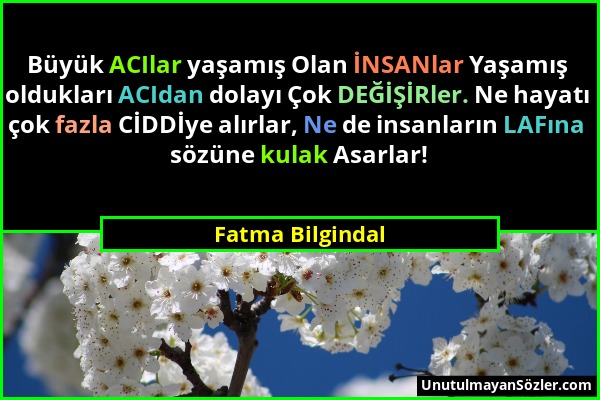 Fatma Bilgindal - Büyük ACIlar yaşamış Olan İNSANlar Yaşamış oldukları ACIdan dolayı Çok DEĞİŞİRler. Ne hayatı çok fazla CİDDİye alırlar, Ne de insanl...