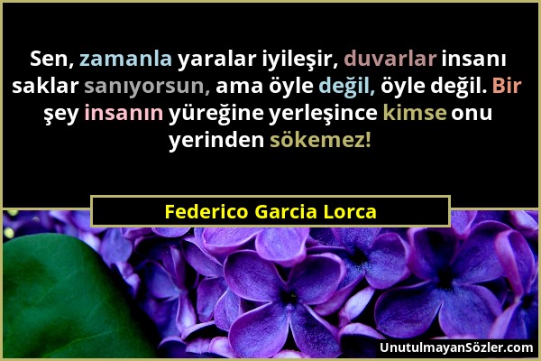 Federico Garcia Lorca - Sen, zamanla yaralar iyileşir, duvarlar insanı saklar sanıyorsun, ama öyle değil, öyle değil. Bir şey insanın yüreğine yerleşi...