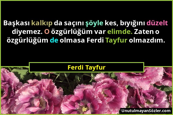 Ferdi Tayfur - Başkası kalkıp da saçını şöyle kes, bıyığını düzelt diyemez. O özgürlüğüm var elimde. Zaten o özgürlüğüm de olmasa Ferdi Tayfur olmazdı...