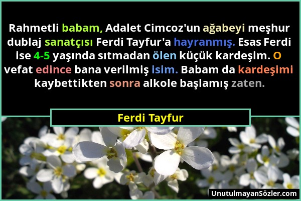 Ferdi Tayfur - Rahmetli babam, Adalet Cimcoz'un ağabeyi meşhur dublaj sanatçısı Ferdi Tayfur'a hayranmış. Esas Ferdi ise 4-5 yaşında sıtmadan ölen küç...