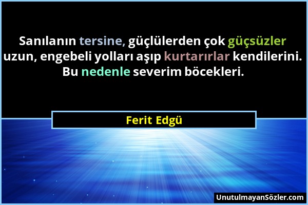 Ferit Edgü - Sanılanın tersine, güçlülerden çok güçsüzler uzun, engebeli yolları aşıp kurtarırlar kendilerini. Bu nedenle severim böcekleri....