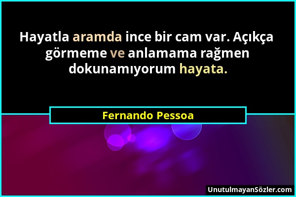 Fernando Pessoa - Hayatla aramda ince bir cam var. Açıkça görmeme ve anlamama rağmen dokunamıyorum hayata....