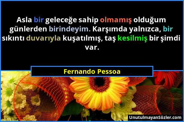 Fernando Pessoa - Asla bir geleceğe sahip olmamış olduğum günlerden birindeyim. Karşımda yalnızca, bir sıkıntı duvarıyla kuşatılmış, taş kesilmiş bir...