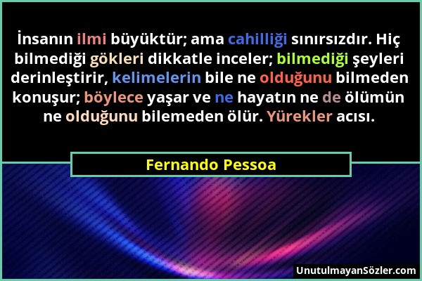 Fernando Pessoa - İnsanın ilmi büyüktür; ama cahilliği sınırsızdır. Hiç bilmediği gökleri dikkatle inceler; bilmediği şeyleri derinleştirir, kelimeler...