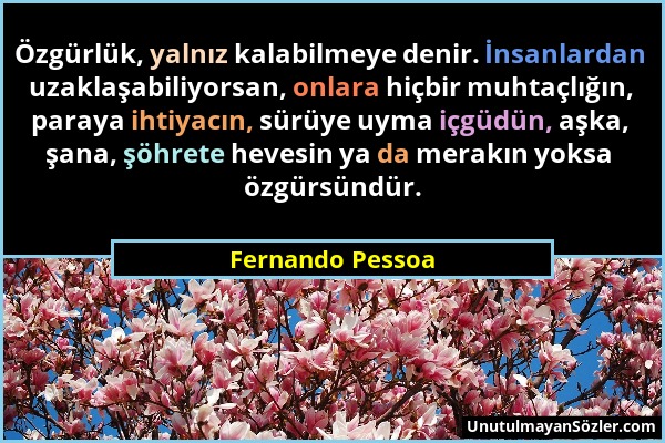 Fernando Pessoa - Özgürlük, yalnız kalabilmeye denir. İnsanlardan uzaklaşabiliyorsan, onlara hiçbir muhtaçlığın, paraya ihtiyacın, sürüye uyma içgüdün...